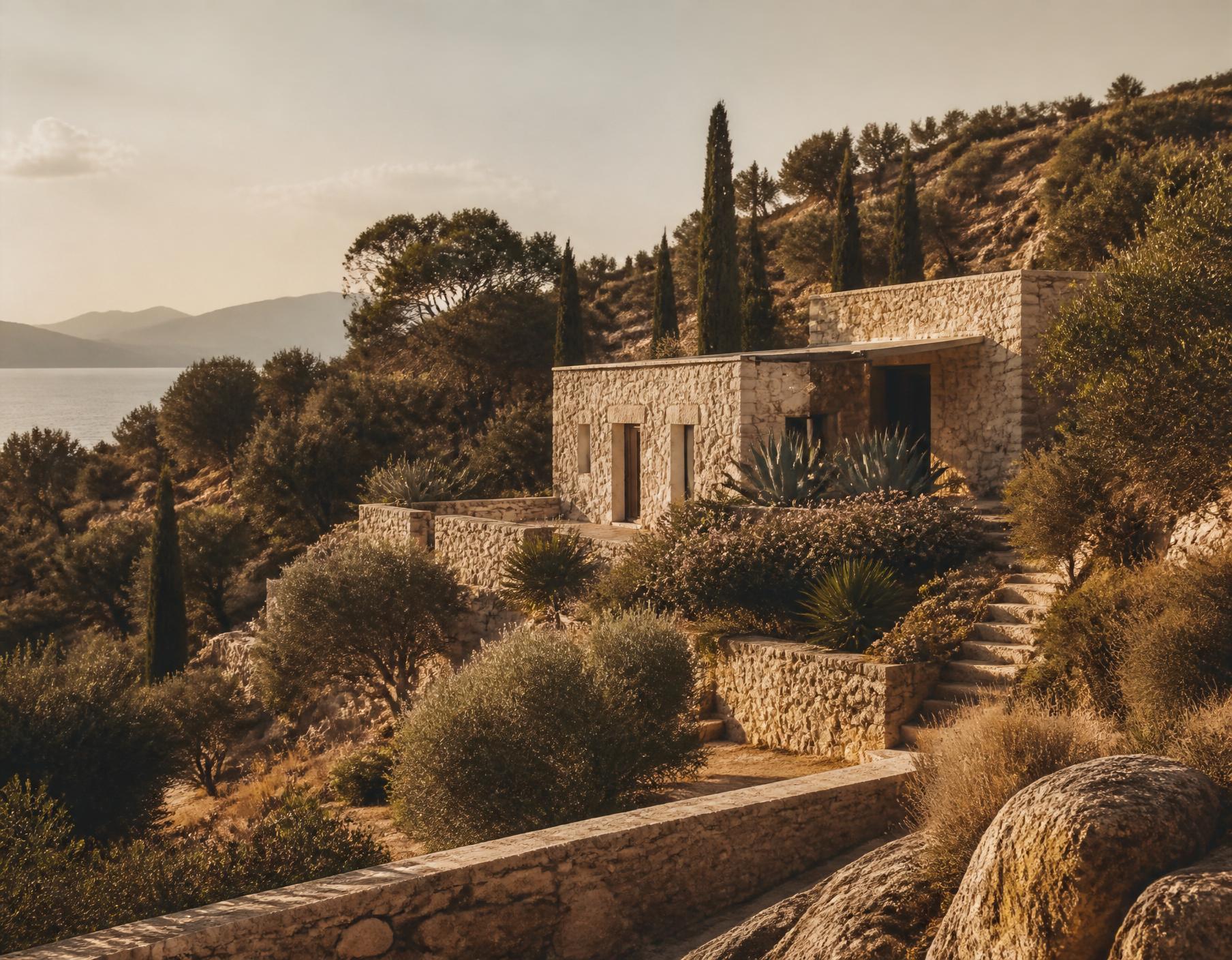 Mediterranean stone villa at golden hour